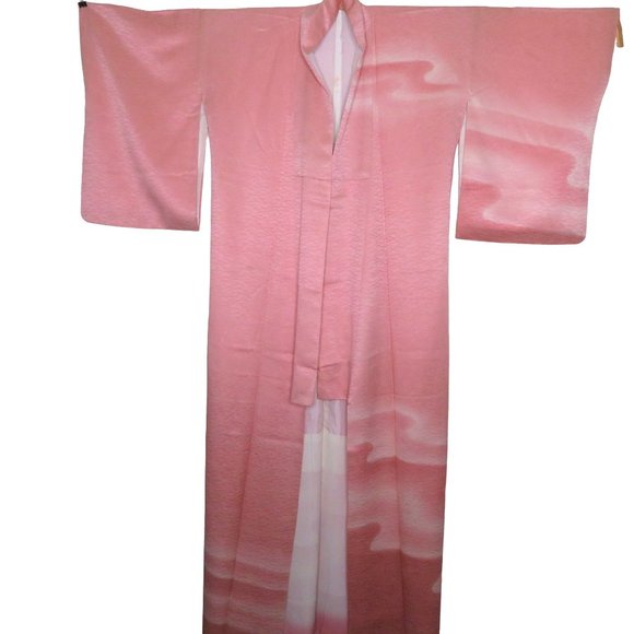 Japanese Kimono Silk Houmongi Vintage Pink Coral Peach Wave Water 63in Tsukesage - Picture 3 of 10